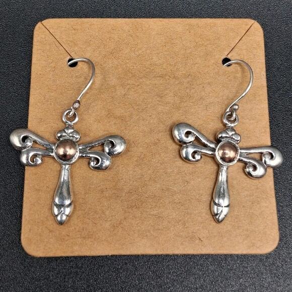 Dragonfly Earrings, Dangle Style, Sterling Silver & 18k Gold, Two Tone, Classic - Picture 1 of 5